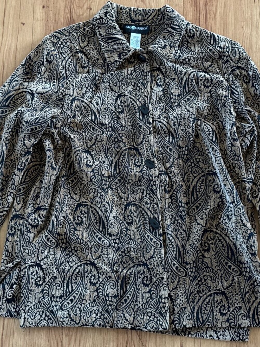 Sag Harbor Blazer Tapestry Paisley Jacket Black & Gold Button Long Sleeve Sz 14